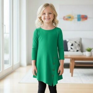 S/M/L/XL NEW Girls Solid Green Dress, Asymmetric Hem, Long Top, Christmas Dress